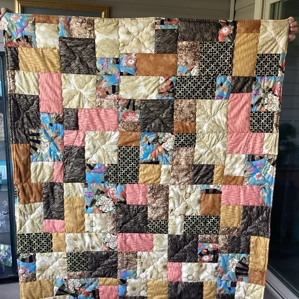 NWT. Hand Crafted Gold Toned Prints with Oriental Influence Quilt